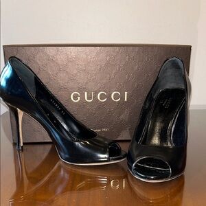Gucci Glossy Black Peep Toe Heels